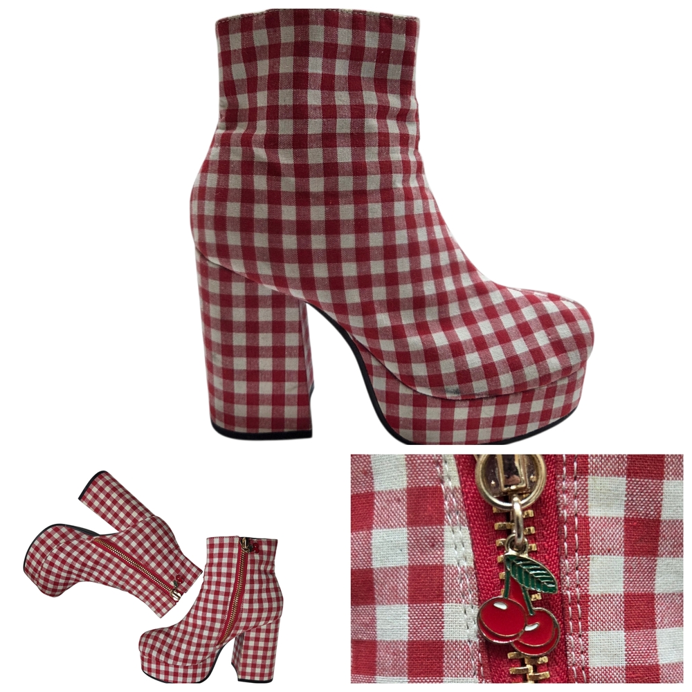 SUGAR THRILLZ Swt Like Cherry Pie Side Zip Platform Ankle Boots Size 8 Red White